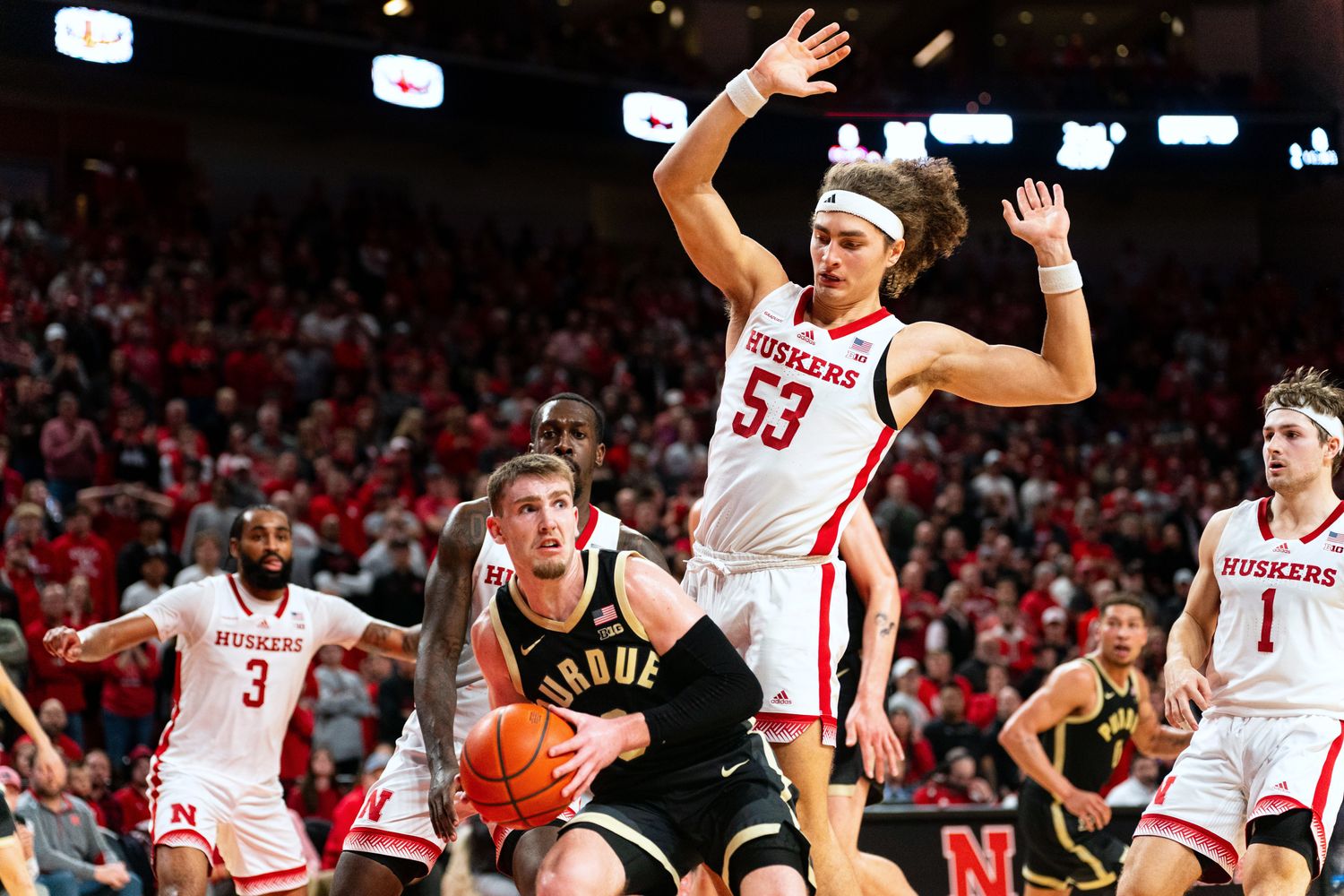 Purdue Boilermakers guard Braden Smith drives against Nebraska forward Josiah Allick (53) during the second half Tuesday night at Pinnacle Bank Arena in Lincoln. (Jan 9, 2024)